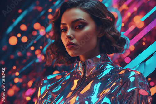 A visionary female figure dons a gleaming metallic outfit and reflective visor, surrounded by vibrant, floating shapes. This dynamic artwork fuses futuristic style and sci-fi flair.