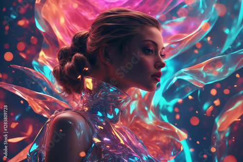 A visionary female figure dons a gleaming metallic outfit and reflective visor, surrounded by vibrant, floating shapes. This dynamic artwork fuses futuristic style and sci-fi flair.