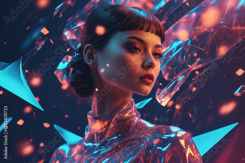A visionary female figure dons a gleaming metallic outfit and reflective visor, surrounded by vibrant, floating shapes. This dynamic artwork fuses futuristic style and sci-fi flair.