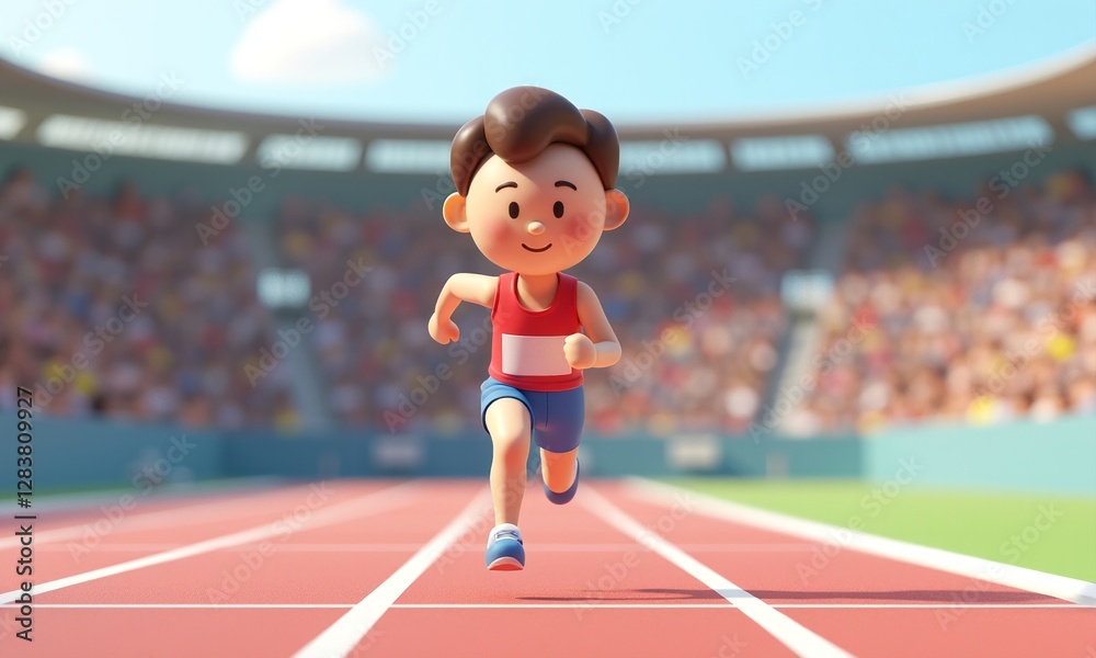 Fototapeta premium Cheerful Cartoon Child Runner Competing on Athletic Track