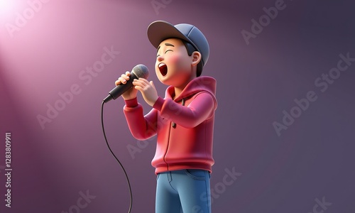 Young Singer in a Red Hoodie Performing on Stage with Microphone