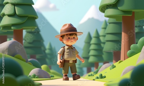 Playful Park Ranger Figure Walking in a Lush Natural Landscape