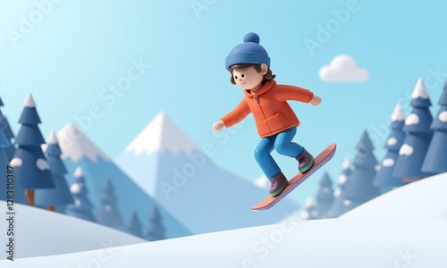 Child Snowboarding in Cartoon Style on Winter Landscape