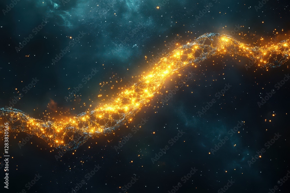 Obraz premium Golden DNA strand in space cosmic background glowing particles abstract art,