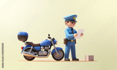 Police Officer with Motorcycle Reviewing Documents in Cartoon Style