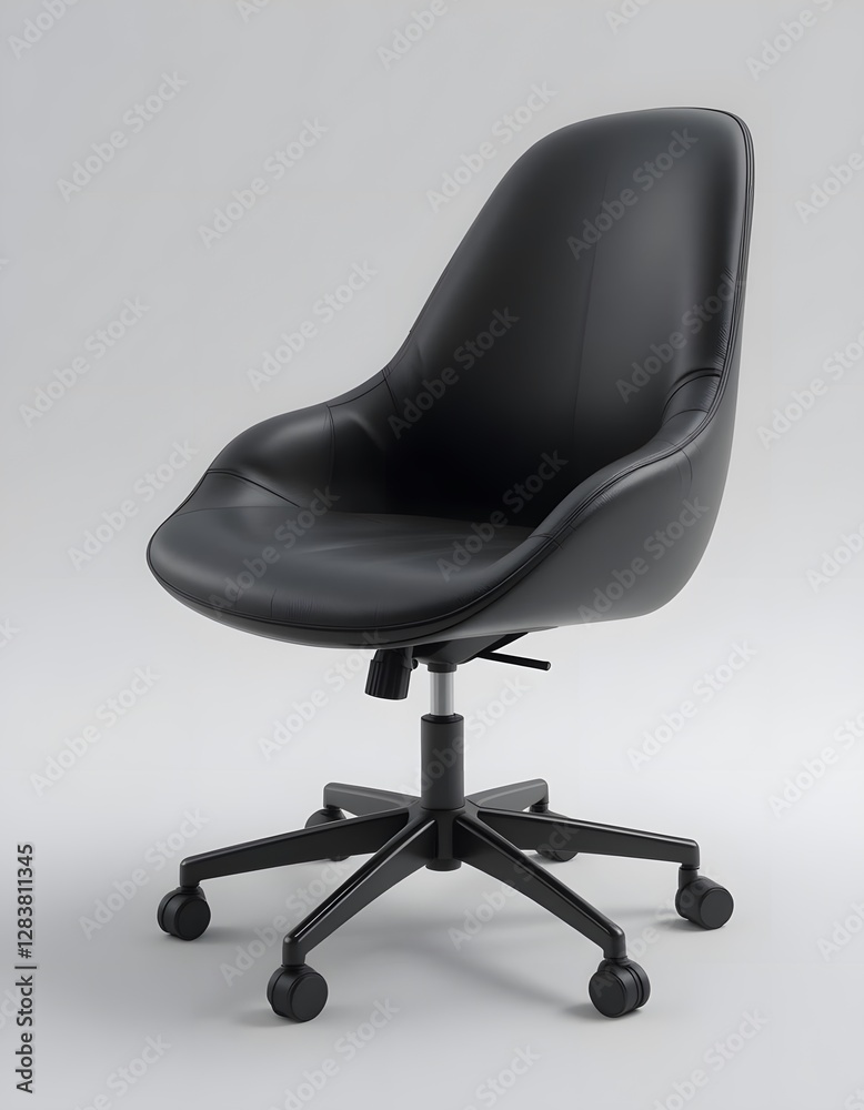 Fototapeta premium Elegant Black Leather Office Chair Modern Design Comfortable Swivel Rolling Caster Wheels Ergonomic Workspace Furniture