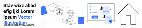 Hand exchanging coin, recipient receiving payment, digital receipt, home outline. Ideal for finance, transactions, e-commerce, banking digital interfaces mortgage and payment methods. Abstract
