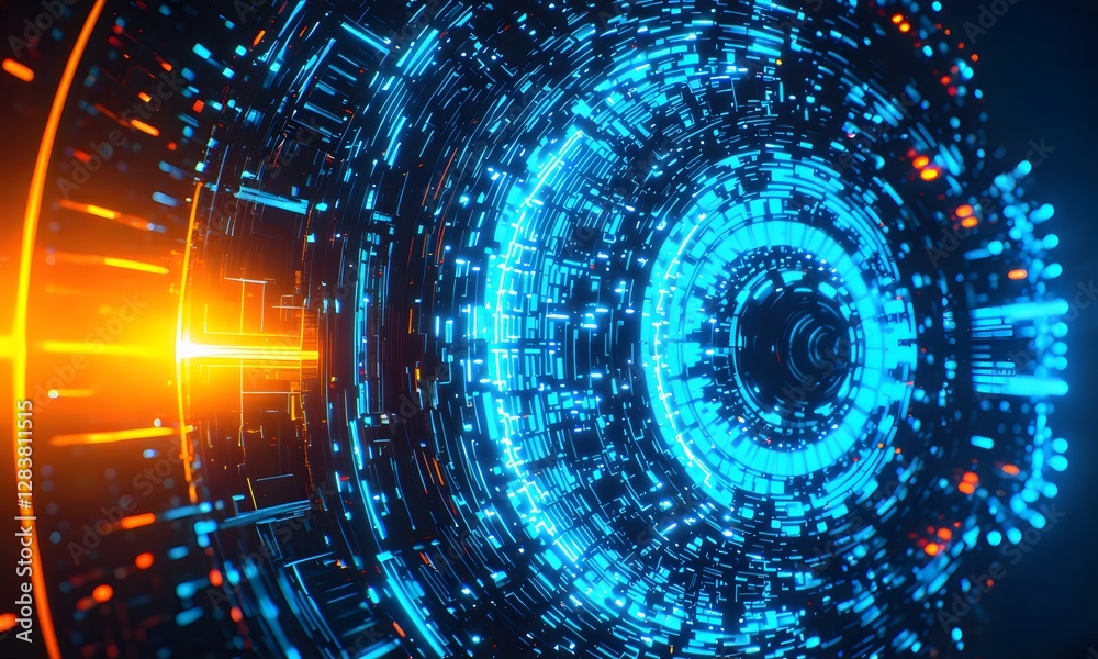 Obraz premium A futuristic energy reactor glowing with pulsating blue and orange light.
