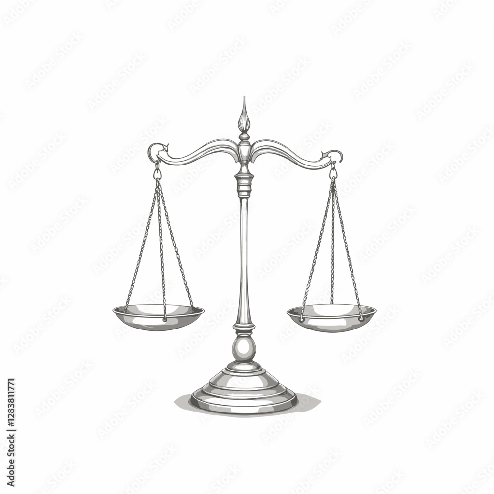 Minimalistic scales of justice drawing on white background, modern art Minimalistic scales of justice drawing on white background, modern art