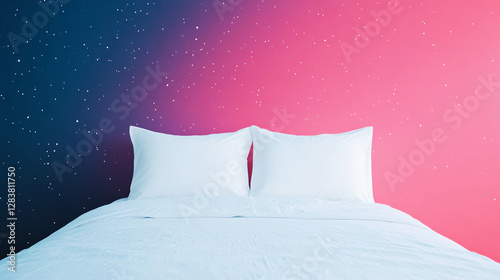 Cozy bed with white pillows against colorful starry wall, dreamy and restful atmosphere. photo