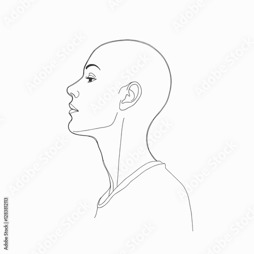 Minimalistic continuous line drawing of a bald woman, modern art