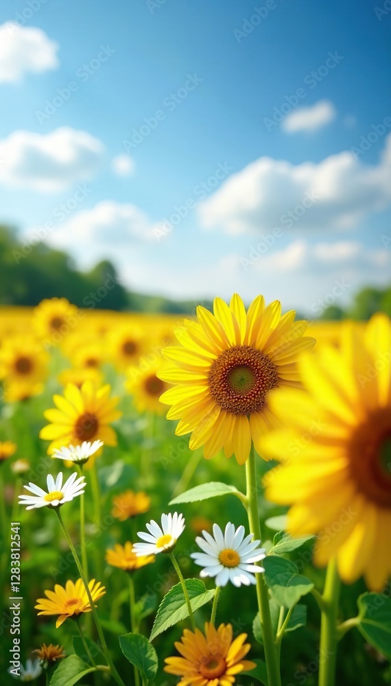 Fototapeta premium A colorful carpet of white and yellow flowers covers the green meadow, meadow flowers, sunflower field