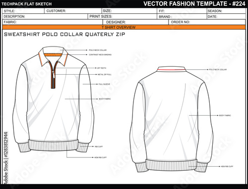 UNISEX SWEATSHIRT POLO COLLAR ZIP FULL SLEEVE WITH CUFF SKETCH FASHION TEMPLATE TECHNICAL ILLUSTRATION