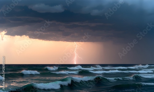 A thunderstorm over the ocean with a single lightning bolt illuminating massive rolling waves.