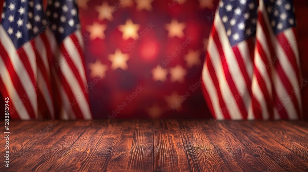 Obraz premium American Flags with Stars Background and Wooden Table Ready for Diplomatic Photography