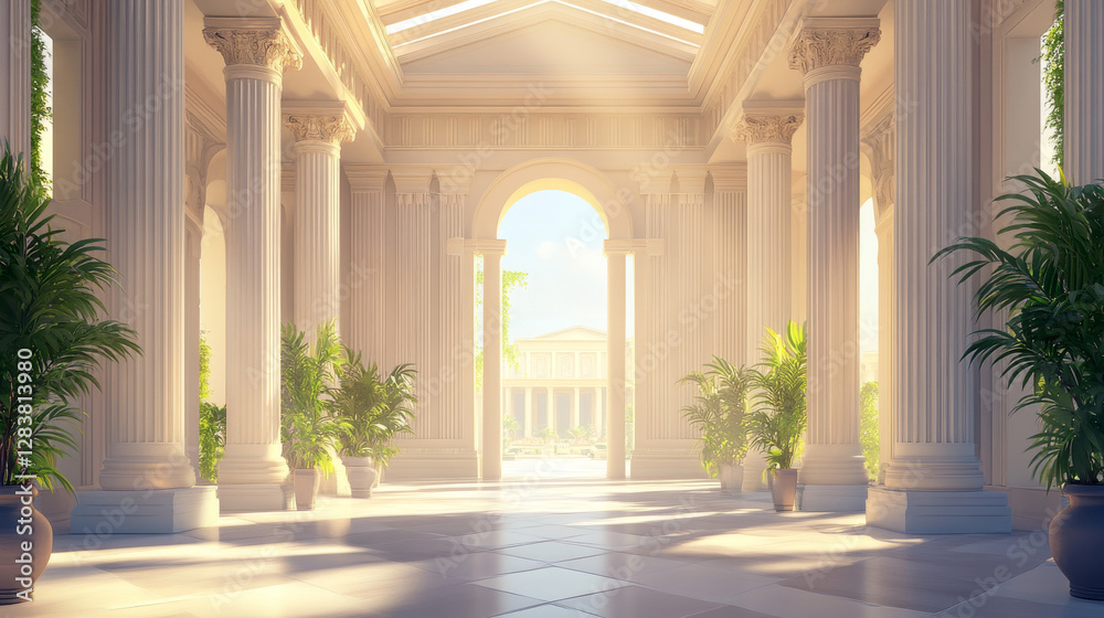 Fototapeta premium Arches with columns in wall, interior gates with white pillars in palace or castle, archway frames, portal entrance, antique doorway with sun light going from outside. Realistic 3d vector illustration