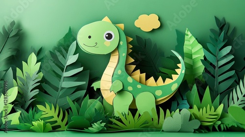 Illustration of papercraft dinosaur in lush green forest landscape, playful and imaginative design showcasing creative arts and environmental themes with whimsical, child-friendly visuals. photo