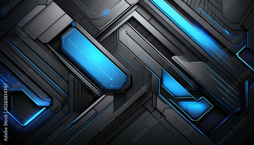 Obraz premium Abstract dark gray and blue technological futuristic background. Modern geometric trendy robotic gaming banner design. Generated image