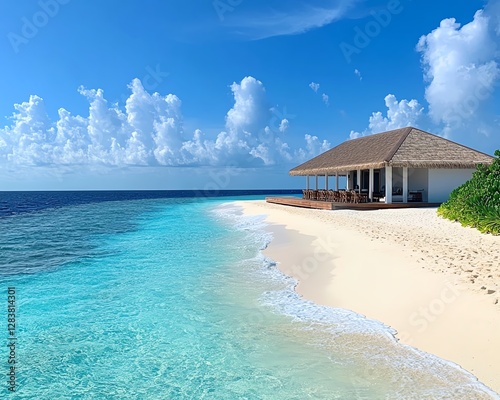 Pictureperfect Maldives beach, soft white sand, turquoise ocean waves, clear blue sky with fluffy white clouds, blissful sunny tropical paradise photo