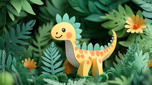 Illustration of papercraft dinosaur in lush green forest landscape, playful and imaginative design showcasing creative arts and environmental themes with whimsical, child-friendly visuals. photo