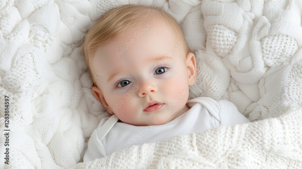 Baby lying on white knitted blanket, looking at camera. Possible use for advertising/editorial, children's books/magazines Baby lying on white knitted blanket, looking at camera. Possible use for advertising/editorial, children's books/magazines