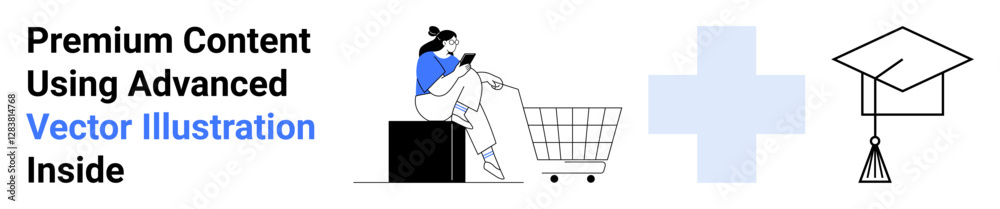 Woman sitting with a phone near a shopping cart, plus sign, and graduation cap. Ideal for e-learning, online shopping, digital tools, education platforms, technology services, e-commerce flat Woman sitting with a phone near a shopping cart, plus sign, and graduation cap. Ideal for e-learning, online shopping, digital tools, education platforms, technology services, e-commerce flat