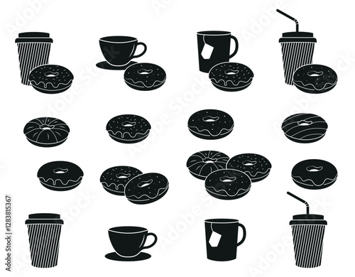 Vector donut set with different types of glaze and different kinds of cups. Collection of donut silhouettes, coffee cup, tea mug, disposable straw paper cup combined with each other and individually 