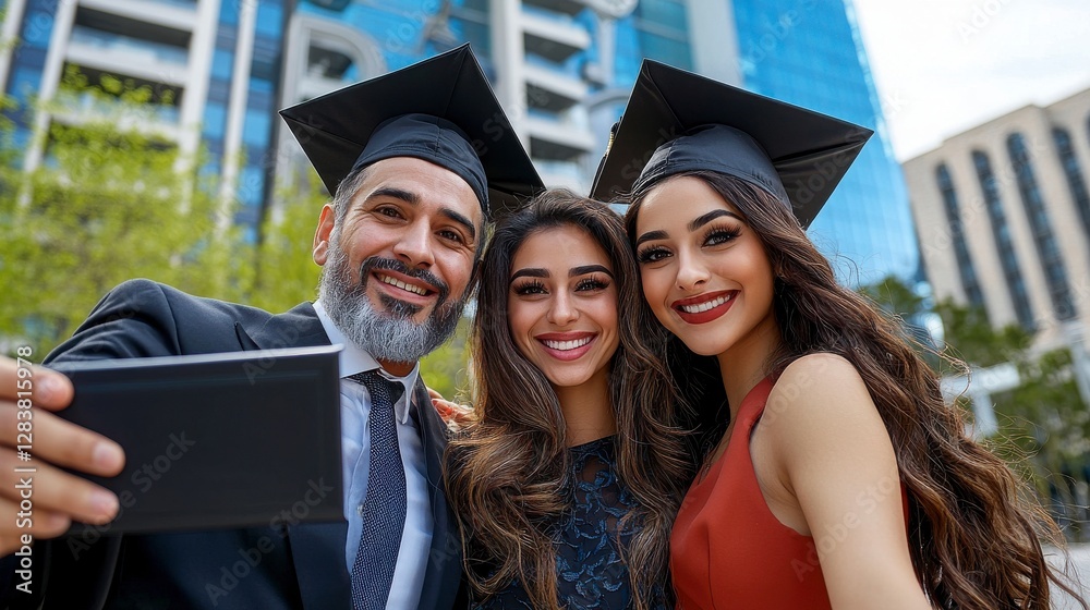 Fototapeta premium Three graduates celebrate with smiles and a selfie, wearing caps and gowns, against a backdrop of modern buildings.