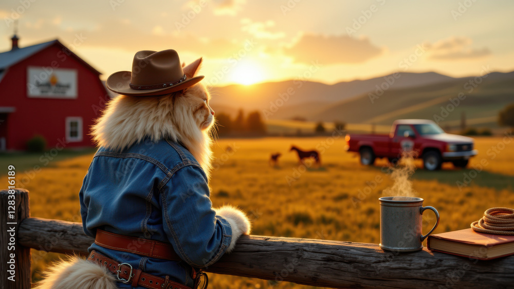 A cat dressed as a cowboy sitting on a fence next to a cup of coffee with a book and sunset in the background. A cat dressed as a cowboy sitting on a fence next to a cup of coffee with a book and sunset in the background.