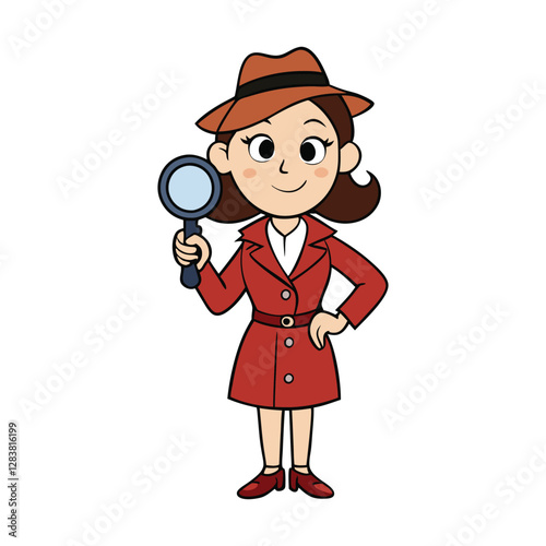 A cute woman snoop detective with a magnifying glass, dressed in a stylish trench coat and hat, curiously investigating clues with a playful and determined expression.