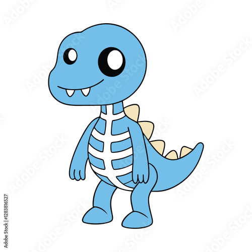 A fun, cartoon dinosaur skeleton character with big, hollow eyes, a wide toothy grin, and tiny bones. It has a playful pose, bony tail wagging, and a cute, spooky charm!