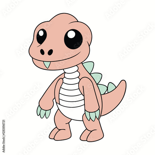 A fun, cartoon dinosaur skeleton character with big, hollow eyes, a wide toothy grin, and tiny bones. It has a playful pose, bony tail wagging, and a cute, spooky charm!