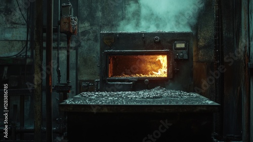 Inferno in the Factory: A Glowing Furnace in a Dark Industrial Setting photo