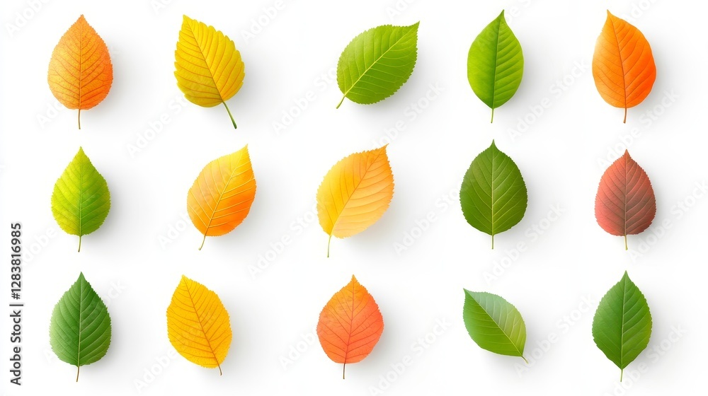 Fototapeta premium Colorful Leaves in Various Shapes and Textures on White Background