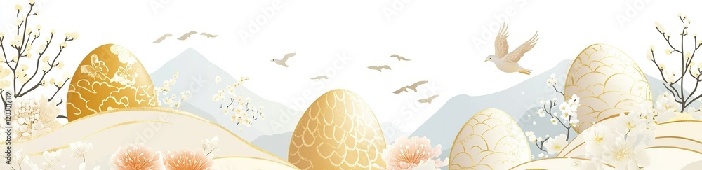 Fototapeta premium Easter vector illustration with textured colors and Chinoiserie motifs