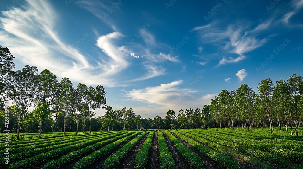 Scenic Tea Plantation Landscape with Rows of Green Bushes and Sky Scenic Tea Plantation Landscape with Rows of Green Bushes and Sky