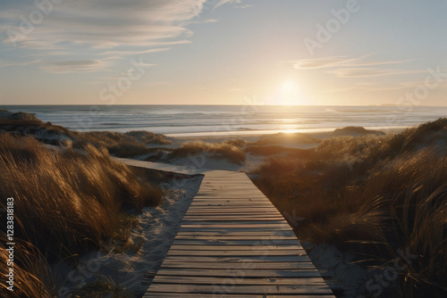 Hölzerner Weg durch Dünen und Sträucher zum Strand mit Blick aufs Meer – Natur, Strand, Küstenlandschaft, Wanderung, Ruhe, Erholung, Outdoor, Meerblick, Sommer photo