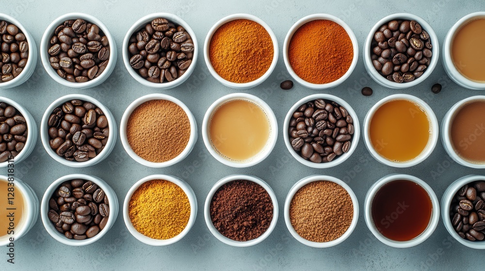 Coffee and Spice Variety Display on Gray Background Coffee and Spice Variety Display on Gray Background