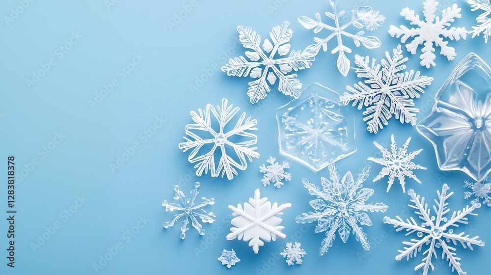 Elegant Snowflakes Arrangement on Light Blue Background for Winter and Christmas Design Elegant Snowflakes Arrangement on Light Blue Background for Winter and Christmas Design