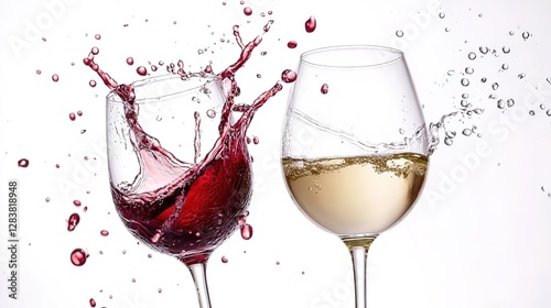 Two wine glasses clinking together, with red and white wine splashing, isolated on the left side of an all-white background.