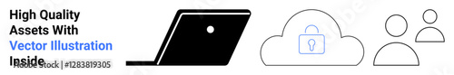 Laptop, cloud with lock icon, and user icons emphasize data security, teamwork, and technology. Ideal for cybersecurity, backup solutions, digital collaboration, innovation personal privacy online