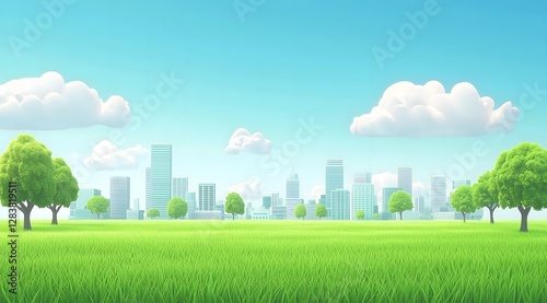 Cartoon city park with green grass, trees, and skyscrapers under a blue sky with clouds.