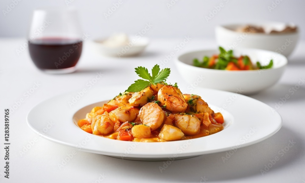 Delicious seafood dish with shrimp, gnocchi, and fresh vegetables Delicious seafood dish with shrimp, gnocchi, and fresh vegetables
