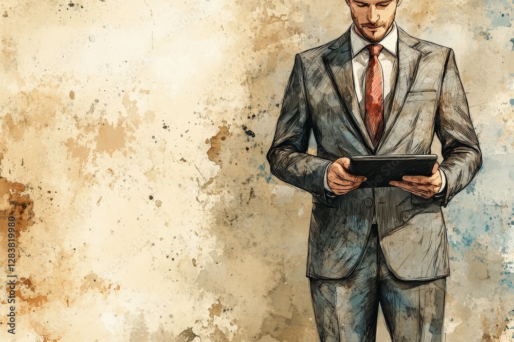 Businessman Holding Tablet in Hand-Drawn and 3D Render on Isolated Background Businessman Holding Tablet in Hand-Drawn and 3D Render on Isolated Background