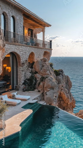 Luxurious Sicilian style villa overlooking ocean, featuring stunning infinity pool, rocky landscape, and elegant architecture. Perfect for relaxation and breathtaking views