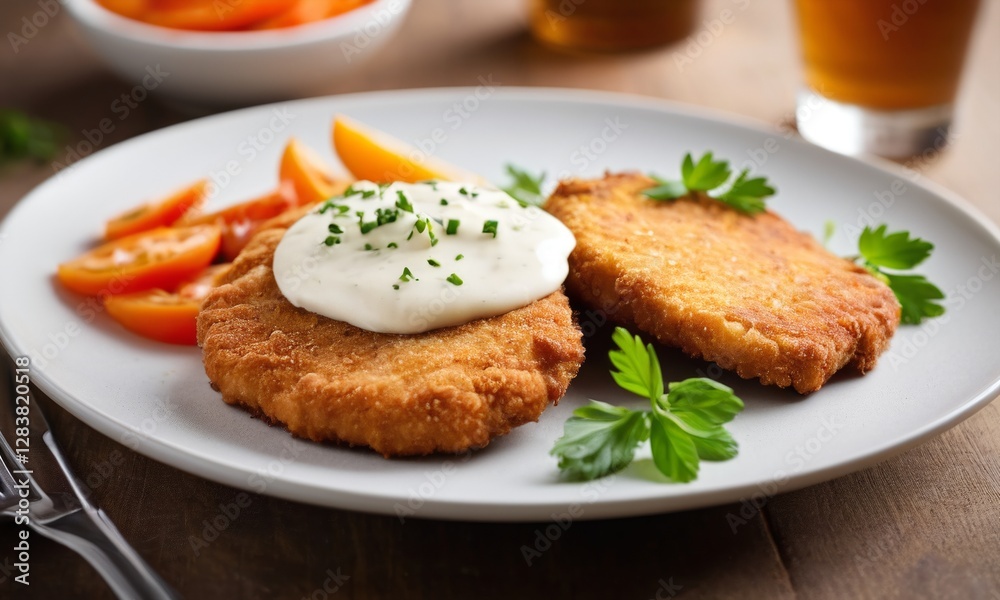 Crispy Fried Patties Served with Fresh Tomato and Herb Garnish Crispy Fried Patties Served with Fresh Tomato and Herb Garnish