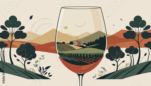 Artistic illustration of a wine glass filled with a picturesque landscape depicting rolling hills and cypress trees