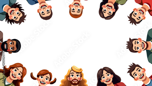 Group of joyful diverse people smiling and looking down with a happy expression and copy space