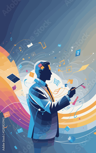 Dynamic illustration of a conductor guiding musical notes and digital elements, representing creativity and innovation in music