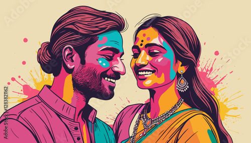 Vibrant couple celebrating Holi festival with colorful powders on their faces, radiating joy and love